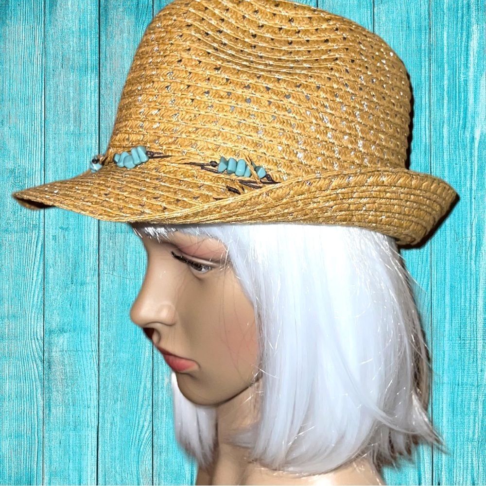 Cute straw fedora with turquoise beaded band!